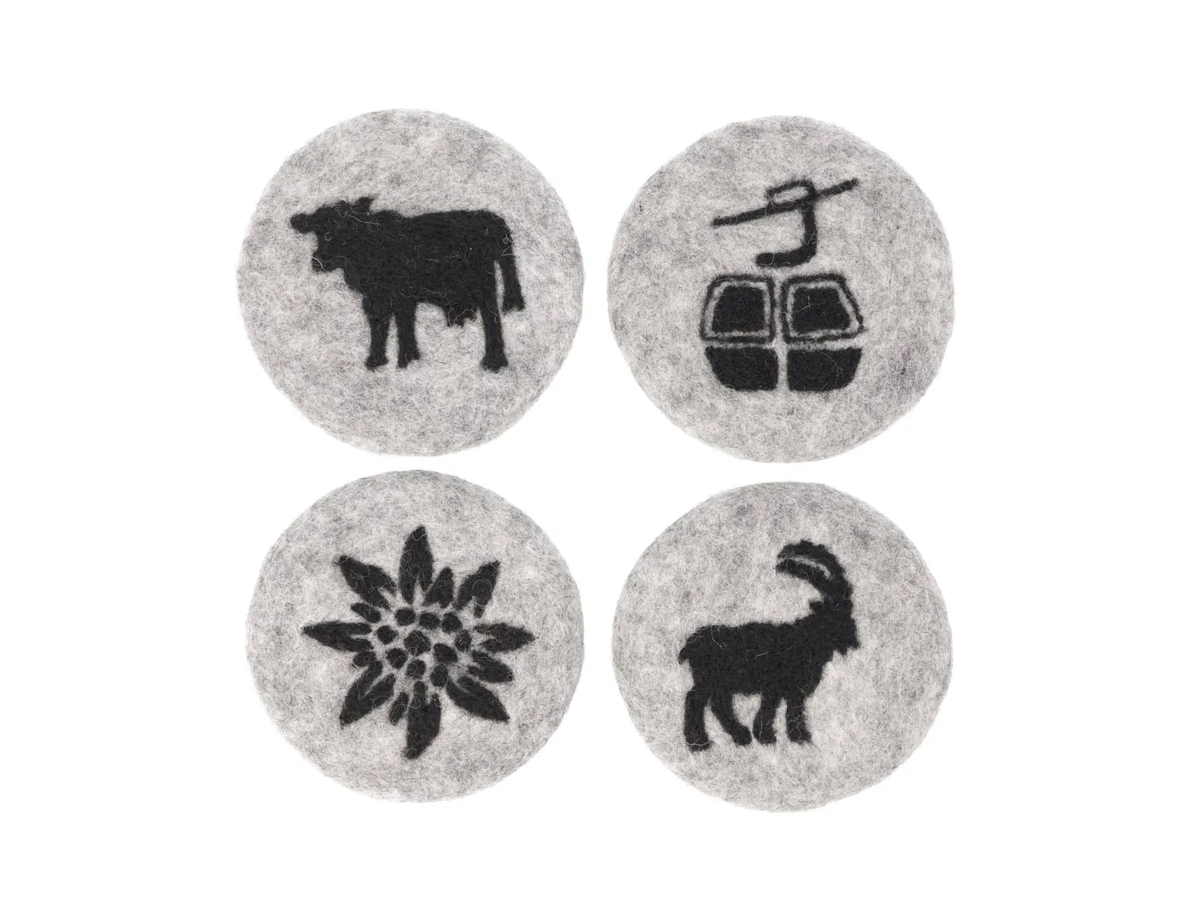 Tassenuntersetzer Filz 4 Stk. Gondel, Steinbock, Edelweiss, Kuh