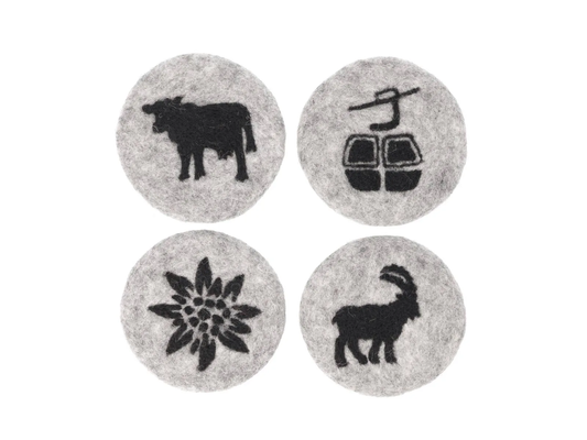 Tassenuntersetzer Filz 4 Stk. Gondel, Steinbock, Edelweiss, Kuh